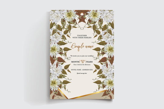 WEDDING INVITATION FRAME WITH FLOWER DECORATIONS AND FRESH LEAVES