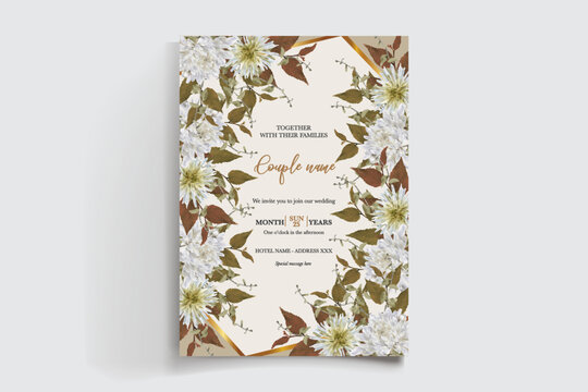 WEDDING INVITATION FRAME WITH FLOWER DECORATIONS AND FRESH LEAVES