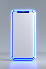 Poster - Smartphone sits upright on sleek grey surface with vibrant neon outline illuminating its edges. Clean design emphasizes technology and innovation. Concept of mobile devices, tech retail, advertising