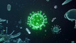 © SMART.art - Glowing Green Virus Particle in Translucent Fluid Surrounded by Organic Debris Symbolizing Transmission of Hepatitis A
