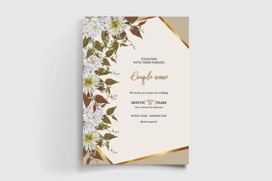 WEDDING INVITATION FRAME WITH FLOWER DECORATIONS AND FRESH LEAVES