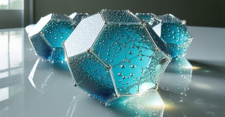 Poster - Blue geometric shapes covered with water droplets rest on reflective surface. Light creates bright highlights, shadows.