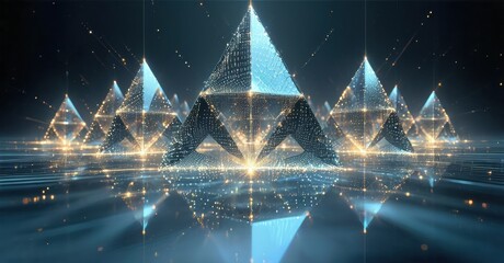 Poster - Futuristic pyramids glow, reflecting light. Digital landscape creates abstract, ethereal scene. Complex geometry evokes mystery, innovation.