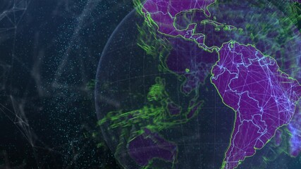 Poster - Camera zooming 3D stylized globe rotating streaming green data highlighting Americas in starfield