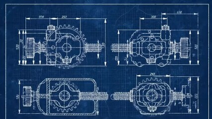 Poster - Detailed Mechanical Blueprint with Gears and Parts Technical Schematic Design on a Blue Background