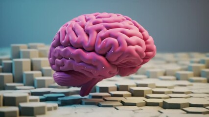Poster - Detailed Pink Brain Model on Ivory and Gray Geometric Cubes with Teal Gradient Background