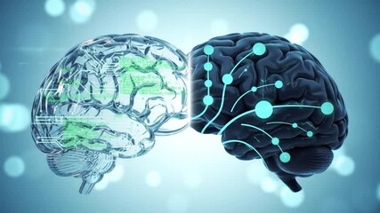 Poster - Digital Brain Halves Showing Intelligence and Neural Networks with Blue Bokeh Background for Scientific Research and Modern Technology