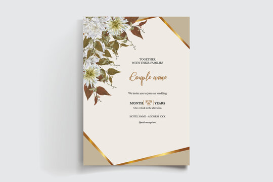 WEDDING INVITATION FRAME WITH FLOWER DECORATIONS AND FRESH LEAVES
