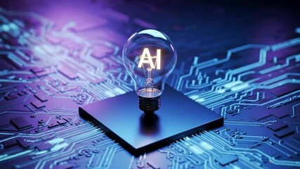 Poster - Illuminated Ai Light Bulb on Circuit Board with Blue Purple Lighting and Abstract Technology Background