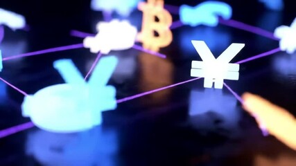 Aufkleber - Interconnected Currency Symbols Dollar Euro Yen Network Finance Digital Economy Abstract Glowing Purple Lines in Dark Background