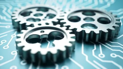 Poster - Interlocking Silver Gears on Teal Circuit Board Intricate Details Mechanical Precision Industrial Engineering Technology Design