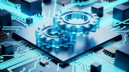 Poster - Intersecting Silver Gears on Dark Microchip with Cyan Circuits in Macro Shot