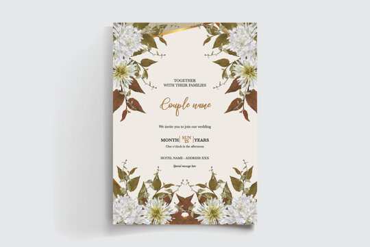 WEDDING INVITATION FRAME WITH FLOWER DECORATIONS AND FRESH LEAVES