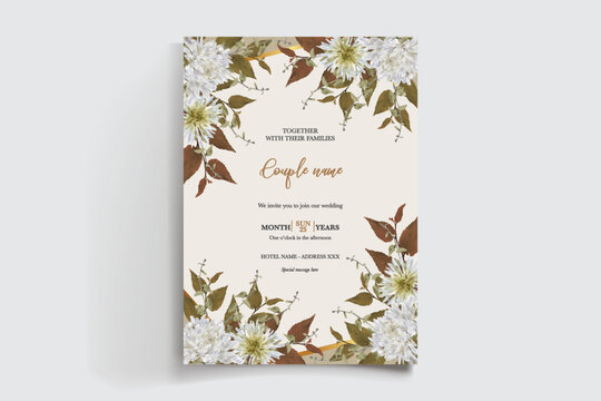 WEDDING INVITATION FRAME WITH FLOWER DECORATIONS AND FRESH LEAVES