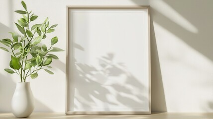 Poster - Minimalist vase design with white empty frame mockup, golden plant in white on interior table, shadows on wall