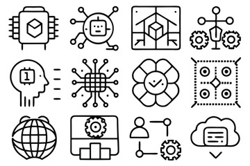 Leinwandbilder - Collection of futuristic technology icons depicting artificial intelligence cloud computing and data processing designs