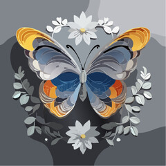 Poster - A detailed vector illustration of a colorful butterfly with layered wings, surrounded by decorative flowers and foliage elements, on a gray background.