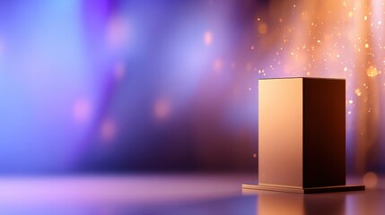 Poster - A glowing pedestal stands in a vibrant, colorful backdrop with sparkling lights, ideal for presentations