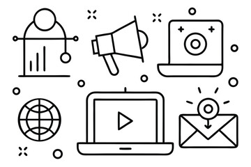 Leinwandbilder - Vector illustration of essential digital marketing and communication icons in a minimal monochrome flat design.