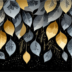Poster - Elegant abstract illustration featuring stylized leaves in shades of gold and gray, set against a dark black background, artistic design.