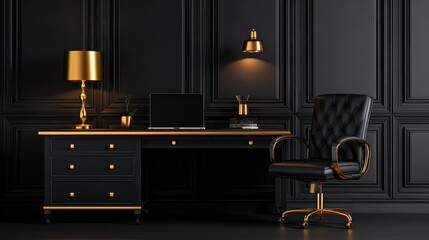 Poster - Elegant black office interior featuring a stylish desk, chair, and warm lighting accents
