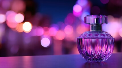 Poster - Elegant perfume bottle illuminated by colorful bokeh lights at night, showcasing luxury and allure