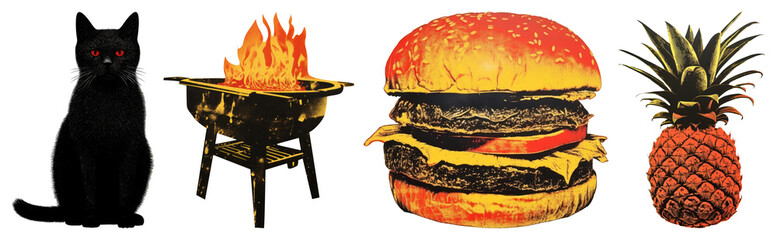 PNG Eclectic black cat barbecue feast, element set on transparent background