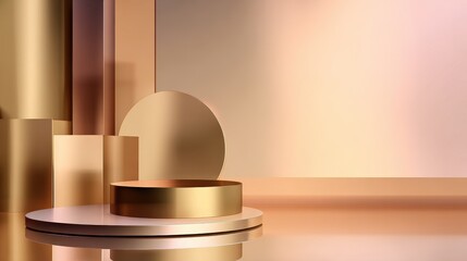 Poster - Abstract geometric display featuring golden shapes and reflections in a serene background