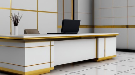 Aufkleber - Modern office interior featuring a sleek desk, laptop, and minimalist design with gold accents
