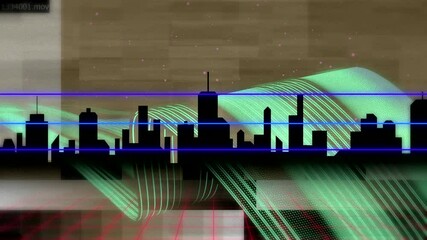 Poster - Starting green waveform behind black skyline on brown pixel blocks, with pulsing blue scanlines
