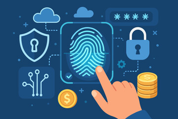 Poster - Cyber security concept with biometric fingerprint scanner. User authentication for online payment and financial data protection. Digital identity, secure access and password technology.