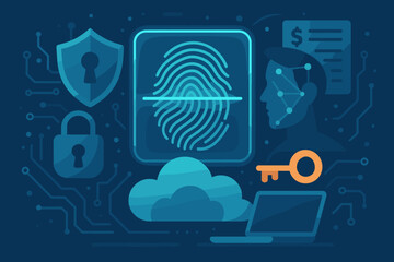 Poster - Biometric authentication and cyber security concept. Fingerprint scan and face recognition for identity verification. Data protection technology, digital privacy, secure cloud access control.