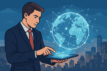 Poster - Businessman holding tablet with holographic earth. Global business network concept. Digital technology, communication, and connectivity. Futurist innovation with city background.