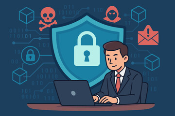Poster - Cybersecurity network protection concept. Businessman at laptop protected by digital shield from hacker, malware, virus, and phishing attacks. Data security and privacy illustration.