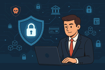 Poster - Cybersecurity concept. Man at laptop protecting data. Network security, antivirus shield, privacy, and online banking protection. Blockchain technology and threat defense vector.
