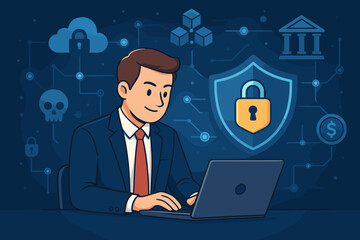 Poster - Cybersecurity concept with businessman at laptop. IT specialist securing data with shield and padlock. Network protection, cloud security, blockchain, finance, and antivirus vector.