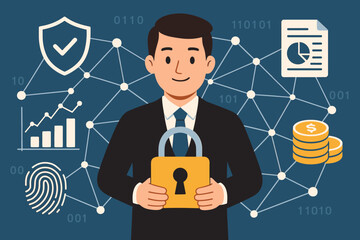 Poster - Cybersecurity and data protection concept. Businessman holding a lock to secure a digital network. Information privacy, financial data, and biometric identity access control vector.