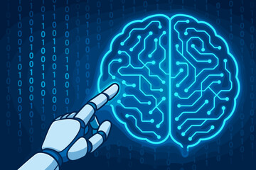 Poster - Artificial intelligence concept. Robot hand touching a glowing digital brain circuit. AI, machine learning, deep learning, big data, future technology and innovation illustration.