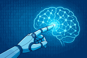 Poster - Artificial intelligence concept. Robot hand touches glowing digital brain. Machine learning, neural network technology. Future innovation, cybernetics, brain computer interface.