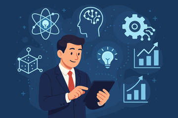 Poster - Businessman managing tech innovation on a tablet. Concepts of data analysis, artificial intelligence, research, and strategy. Icons for business growth, ideas, and automation. Vector.
