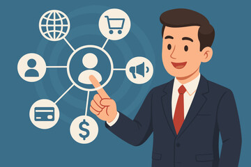Poster - Customer Relationship Management concept. Businessman interacts with a user data interface. CRM system with icons for marketing, sales, global networking, and e-commerce. Client profile.