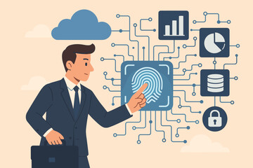 Poster - Biometric authentication concept. Businessman touching fingerprint scanner for digital identity verification, cybersecurity, data protection and secure cloud network access.