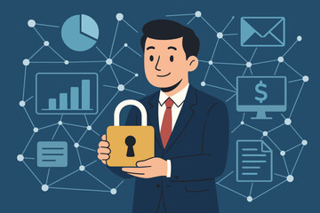 Poster - Digital security concept with a businessman holding a padlock. Cybersecurity, data protection, and financial information privacy. Corporate network defense and IT innovation background.