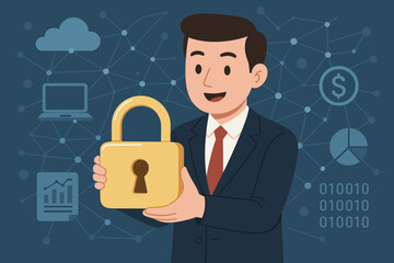 Poster - Cybersecurity concept with a businessman holding a padlock for data protection. Digital network safety, financial security innovation. Secure cloud computing and business technology.