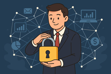 Poster - Businessman holding a padlock, a concept for cybersecurity and data protection. Secure digital network, financial assets, and business information. Technology and internet safety.