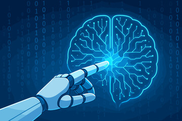 Fototapete - Artificial intelligence concept. Robot hand touching a digital brain on a binary code background. Machine learning, neural network, and future technology innovation. Digital mind.