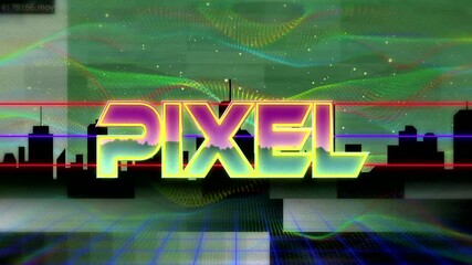 Poster - Animating neon PIXEL letters flickering over black skyline, sweeping red scan line, waving ribbon