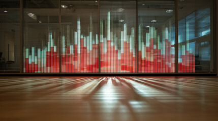 Poster - A large red and white cityscape is projected onto a glass wall
