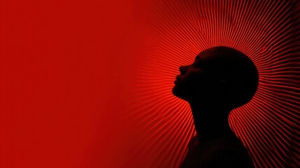 Poster - Silhouette Against a Red Gradient Backdrop With Radiating Tension Lines Highlighting the Head Profile of a Person Contemplating