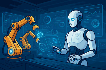 Poster - AI humanoid robot managing a smart factory with robotic arms on an assembly line. Concept of futuristic technology, industrial automation, data analysis, and advanced manufacturing.
